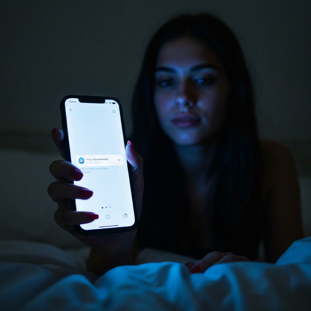 Mão humana segurando um smartphone com ecrã luminoso num quarto escuro, luz azulada do ecrã iluminando o rosto parcialmente visível, ambiente noturno e intimista