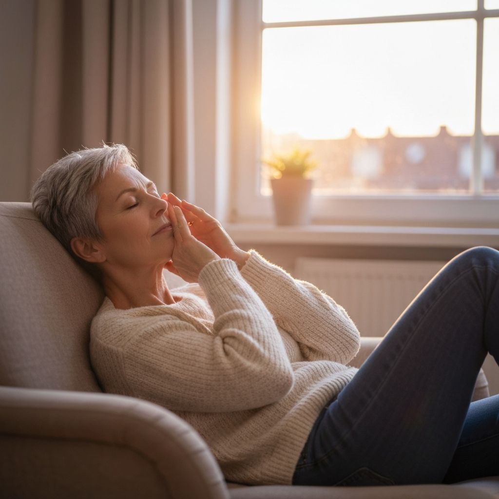 Pessoa adulta em posição relaxada numa cadeira confortável, olhos fechados, mãos levemente pousadas no rosto em postura de descanso, ambiente doméstico sereno com luz suave de tarde