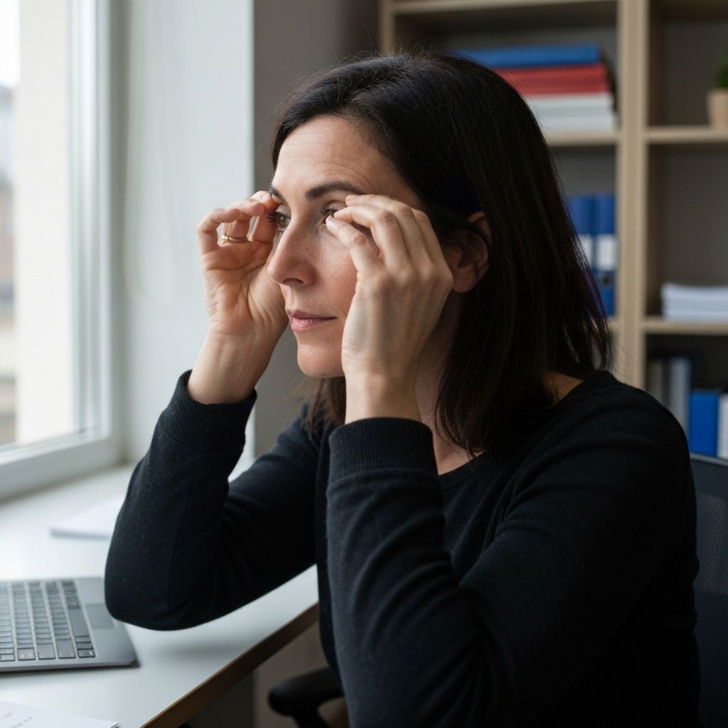 Vista de perfil de uma pessoa adulta realizando movimentos circulares lentos com os olhos enquanto está sentada em frente a uma mesa, postura ereta e expressão serena