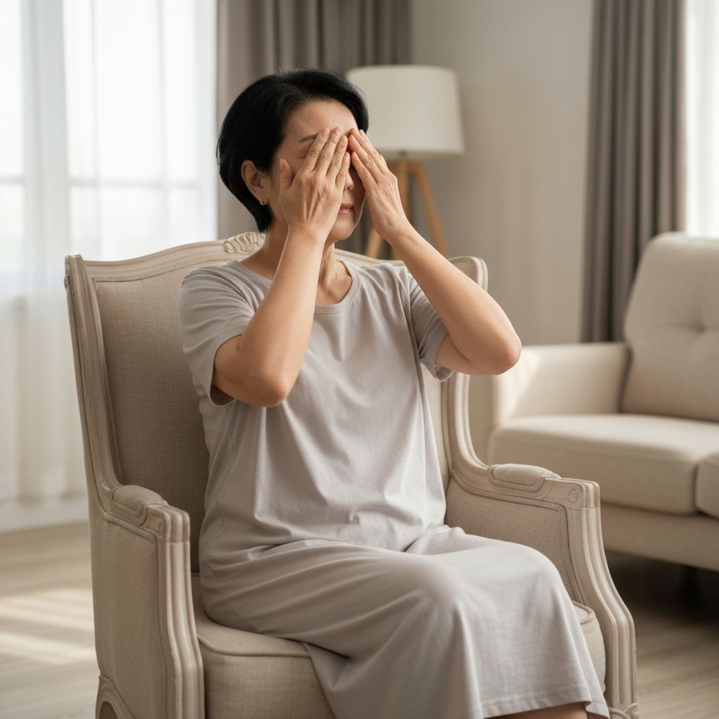 Pessoa com as palmas das mãos cobrindo suavemente os olhos fechados, sentada em posição ereta numa cadeira confortável, em ambiente doméstico silencioso com luz ambiente suave