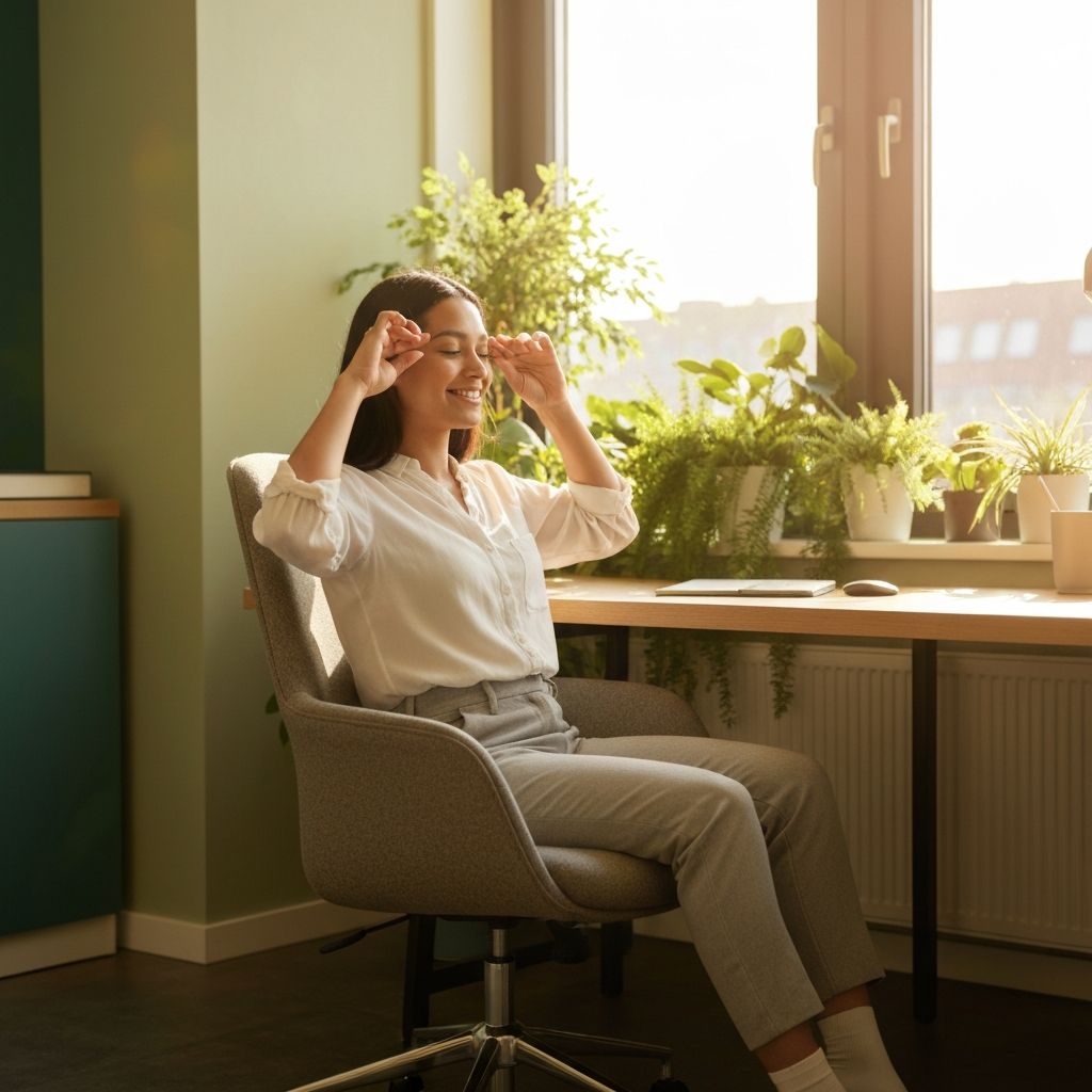Pessoa sentada numa secretária iluminada com luz natural, em posição relaxada, realizando exercícios de foco visual com os olhos abertos, ambiente de escritório calmo com plantas ao fundo